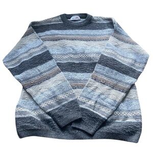 Vintage Grandpa Sweater Mens Large Wool Blend Grey Chunky Earthy Tones Rib Neck